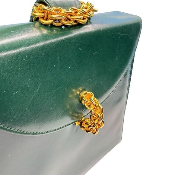 Paloma Picasso Vintage Green Leather Structured Handbag w/ Gold Chain Accent - Picture 13 of 14